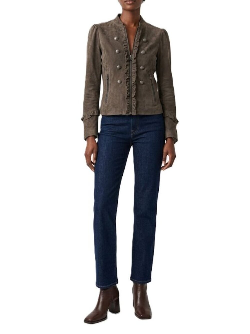 Suede Leather Military Jacket Brown XS Ruffle Trim Fitted EUC/NWOT